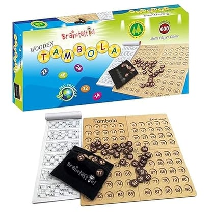Braintastic Wooden Tambola/Housie Board Game with 600 Different Tickets,1-90 Coins, Fixing Checking Board and Cloth Pouch to Keep Your Coins Safe