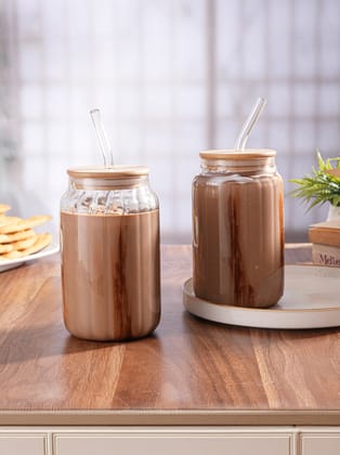 RibbedRoots Tumbler with wooden lid and glass straw- Pack of 2