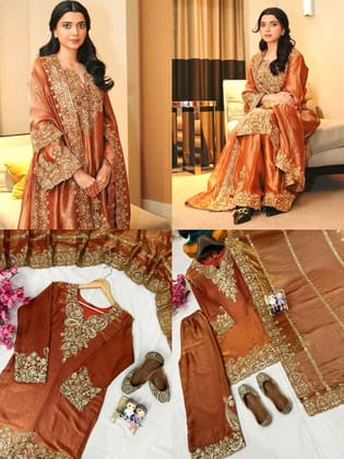 Shiv Textiles Women's Brown Fendi Silk Suit Set Size XL with Sequence Work Party Wear Ethnic Ensemble Stylish Designer Ready to Wear Traditional Indian Fashion Outfit