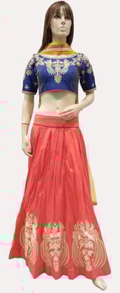 Woman's Blue & Tomato Combination Designer Cholee Suit with Yellow Dupatta-1585 . / Blue & Tomato / F