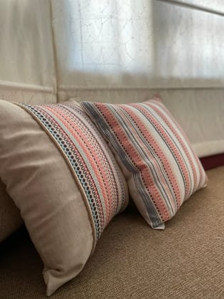 KRI India TheMinimalist Peach Panelled Cushion Cover|Peach Lines | Peach & Blue geometric pattern with off white  | 16x16 inches | Wash & Care | 100% Cotton | Handcrafted in India. 100% organic & natural.