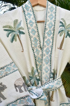 Green Palm and Elephant Handblock Bathrobe