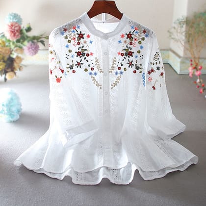 Elegant Blossom White Embroidered Top Tunic-S