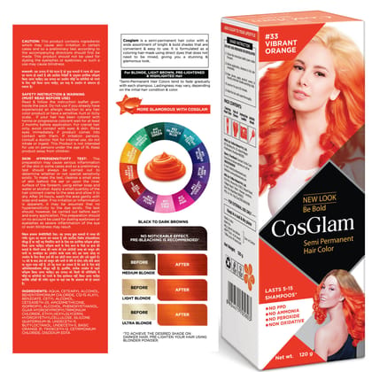 COSGLAM Semi Permanent Hair Color, No Peroxide, Non Oxidative, Ammonia Free Hair Colour 33 Vibrant Orange - 120gm COSGLAM Semi Permanent Hair Color, No Peroxide, Non Oxidative, Ammonia Free Hair Colour 33 Vibrant Orange - 120gm