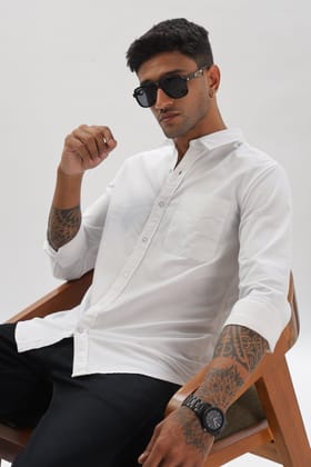 White Regular Fit Plain Full Sleeve Shirt-S