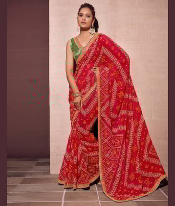 Satrani Georgette Printed Saree With Unstitched Blouse Piece ( Maroon )