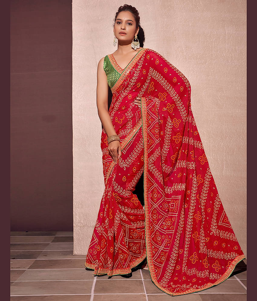Satrani Georgette Printed Saree With Unstitched Blouse Piece ( Maroon )