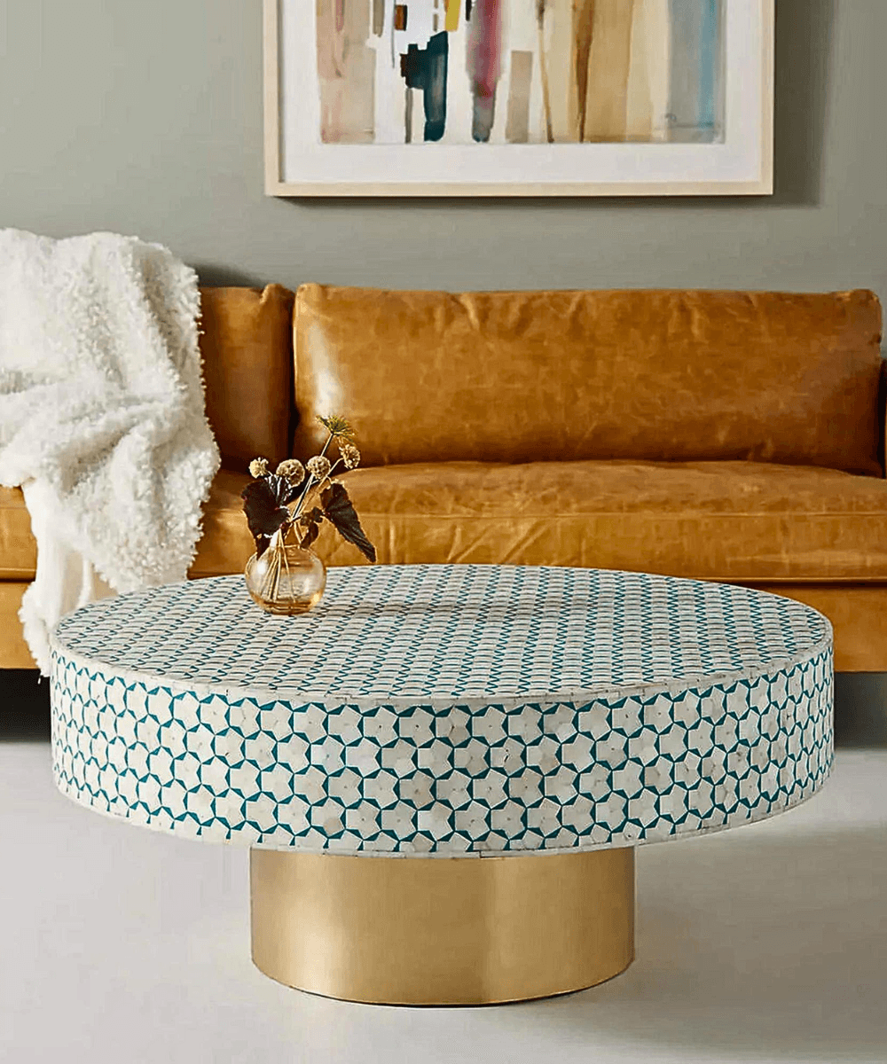 Bone Inlay Round Coffee Table – Handcrafted Center Table by Niktan Export | 90x90x45 cm | Elegant Living Room Furniture