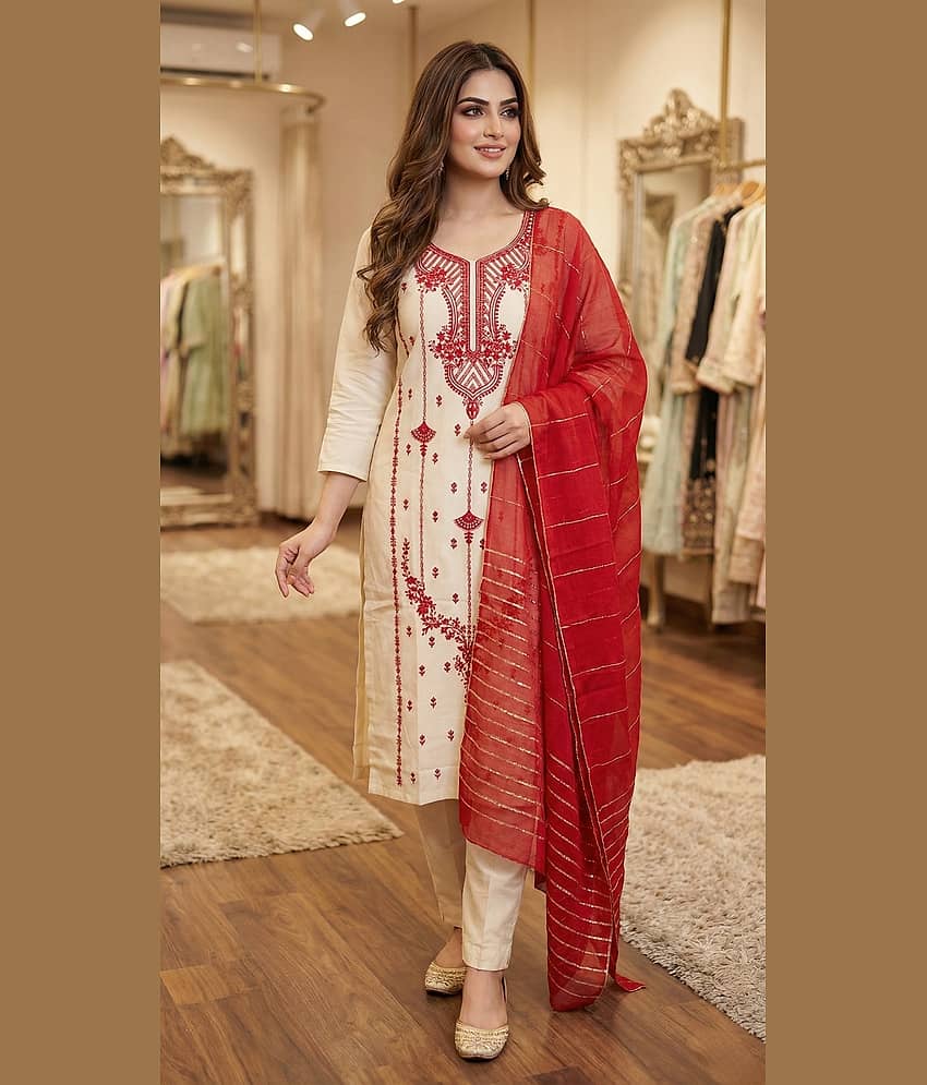Hiva Trendz Women Cotton Embroidered Straight Kurti With Pants ( Red )