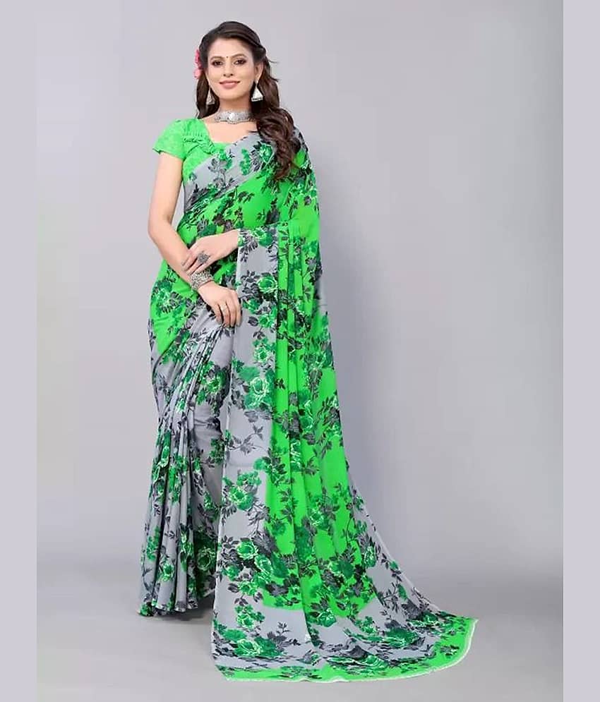 Suntex Georgette Printed Regular Saree With Unstitched Blouse Piece ( Green )