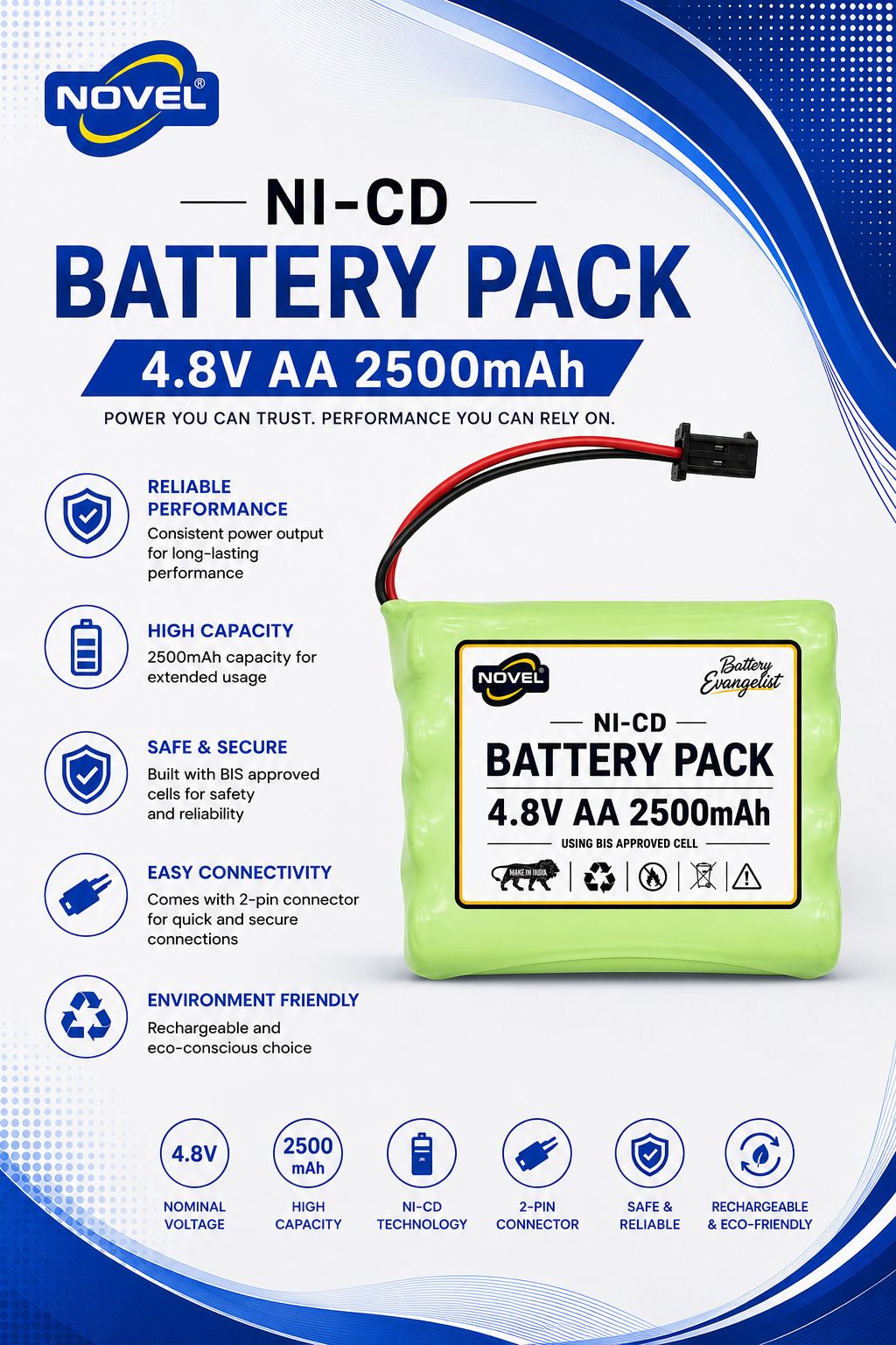 NOVEL 4.8V AA 2500mAh NI-CD Rechargeable Battery SM PIN