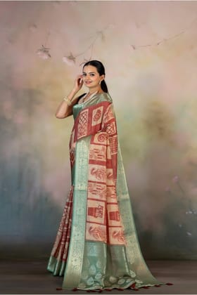 Rust Color Block Print Jacquard Saree