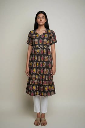 Pattachitra Print Cotton Dress Coffee Yellow Pink Pattachitra Print Cotton Dress Coffee Yellow Pink