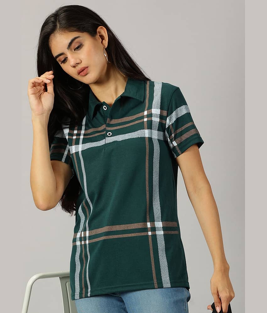 AUSK Women Cotton Blend Checks Regular Fit Polo Collar T-Shirt ( Green )