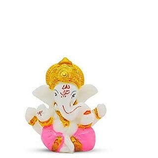 Golden Crown Lord Ganesha Idol for Car Dashboard | White & Pink Ganpati Bappa Murti Showpiece