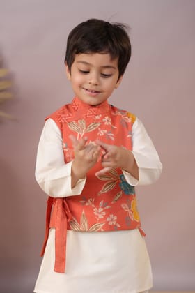 Off White Kurta with Side Knot Detail Printed Rust Jacket and Pyjama-2-3 years