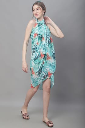 Green Color Tropical Printed Georgette Coverup Beachwear Sarong For Woman-ONESIZE
