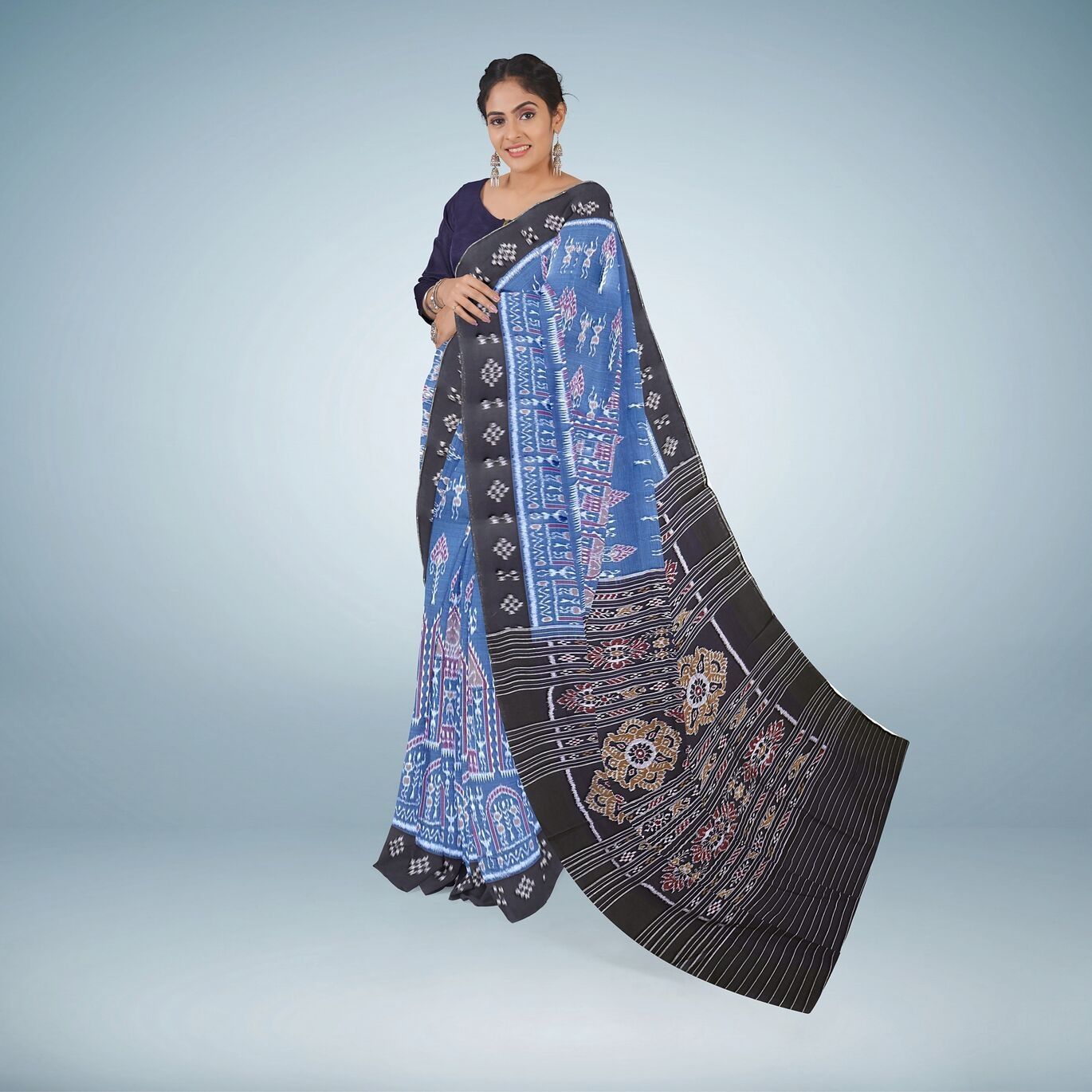 Nuapatana Tribal Design Cotton Saree With Blouse Piece ( Dark Blue-Gray)