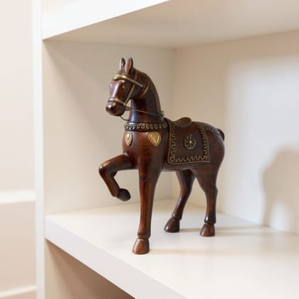 Indian Wooden Horse Showpiece Table Decor | Dark Brown