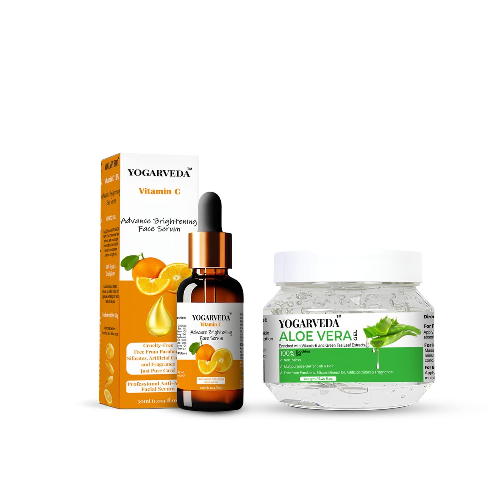 YOGARVEDA Aloe Vera Gel (200g) & Vitamin C Face Serum (30ml) Combo  (Pack of 2, 30 ml, 200 g)