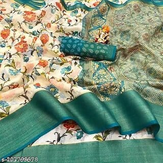 Green Colour Flower Printed Cotton Saree With Blouse Piece