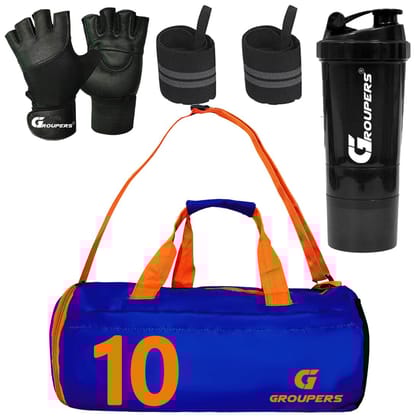 GROUPERS Combo Set of Duffle Polyester Bag with Shaker Bottle-500ml, Gloves & Wrist Band (Blue 10)