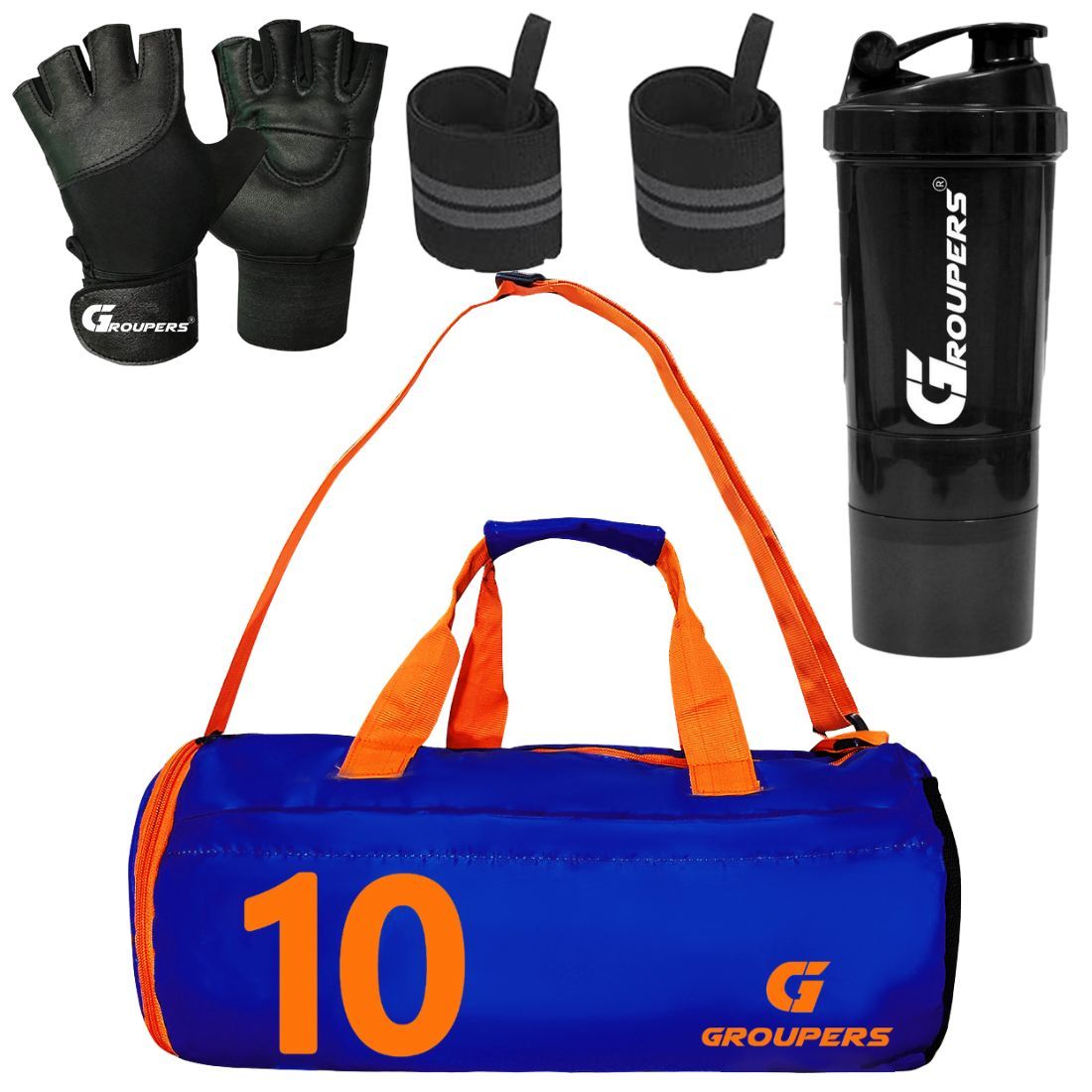 GROUPERS Combo Set of Duffle Polyester Bag with Shaker Bottle-500ml, Gloves & Wrist Band (Blue 10)