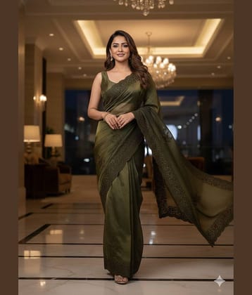 THE PRIVATE LABLE Satin Embroidered Regular Saree With Unstitched Blouse Piece ( Green )
