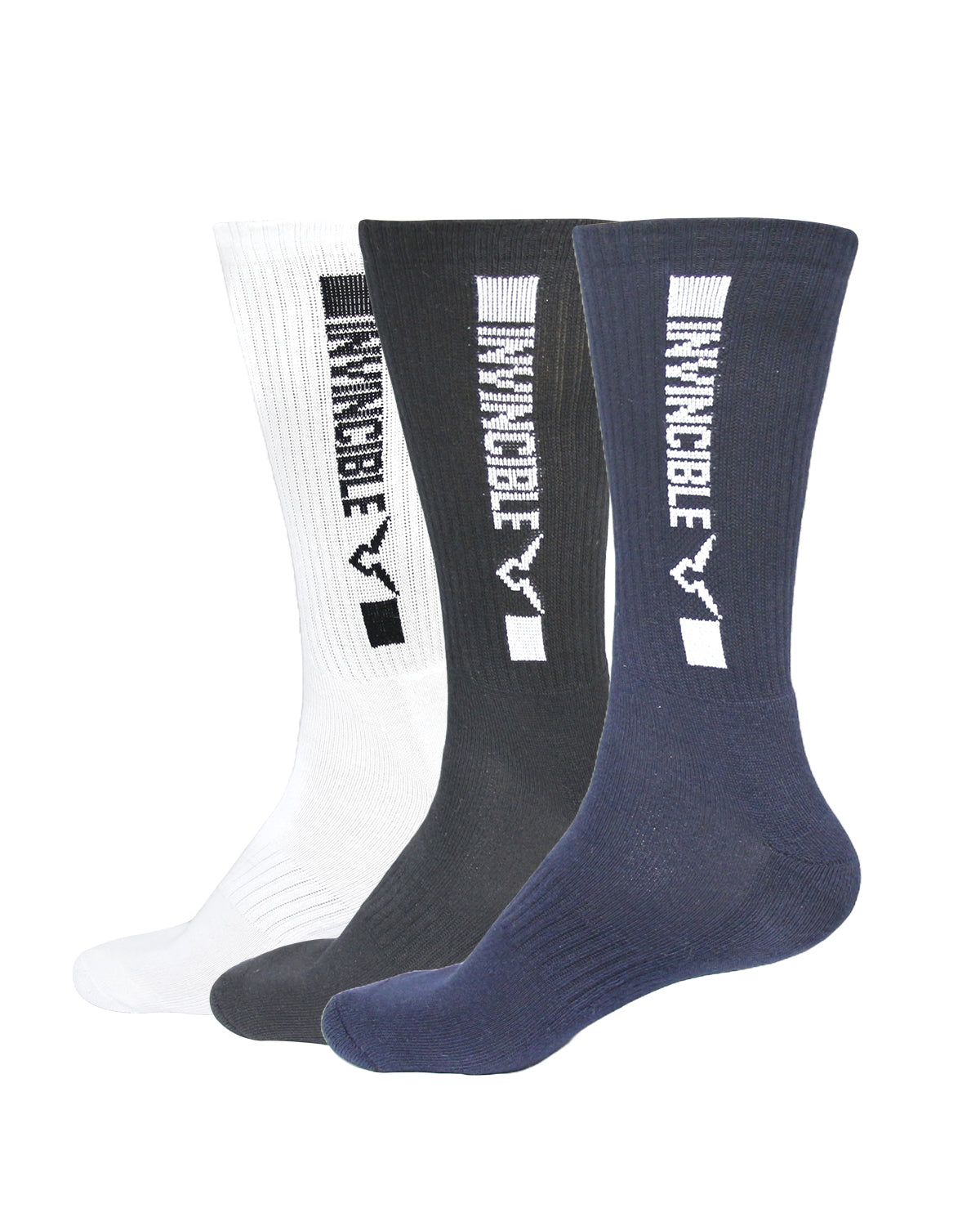 Invincible Set of 3 Calf Length Socks-Black/Grey/White
