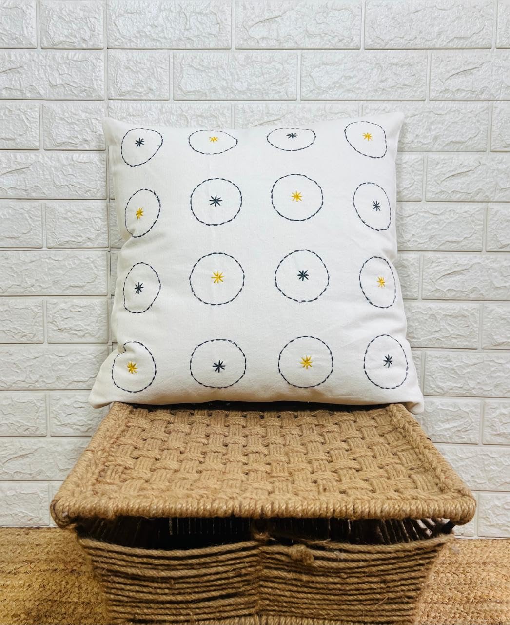 Indihomecraft Cotton Cushion Cover - Hand Stitched Embroidery Decorative Art Boho Pillow Round Pom Shape Hand Made Pillow Cover | Hand Stitch Square 18X18 Inches Cushion Cover