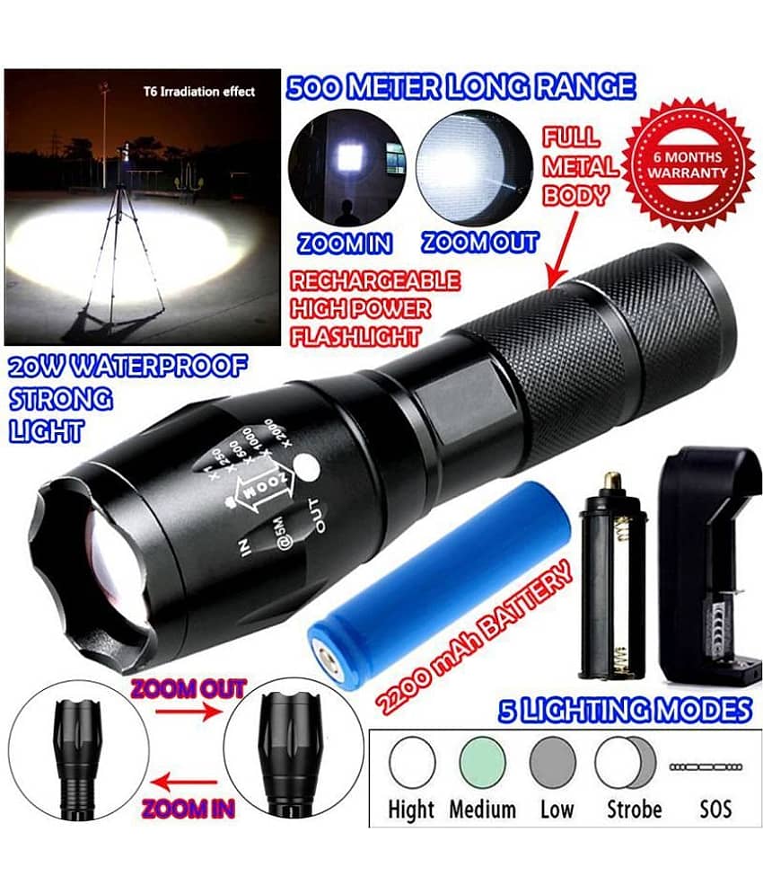 SG 1300 Meter Long Beam Rechargeable Waterproof 3 Mode 20W Flashlight Torch 20W Emergency Light Home / Outdoor Lamp Black - Pack of 1