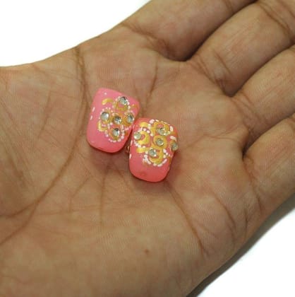 5 Pcs, 17x13mm Handpainted Kundan Work Tumble Beads Pink-Pink / Glass