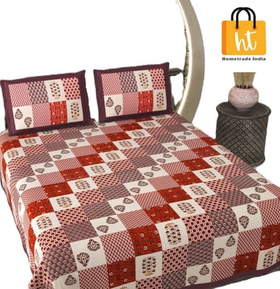 3001-Hometrade India-Standard King Size (90*108 Inches)-Pure Cotton Jaipuri Double Bedsheet With Matching Pillow Cover