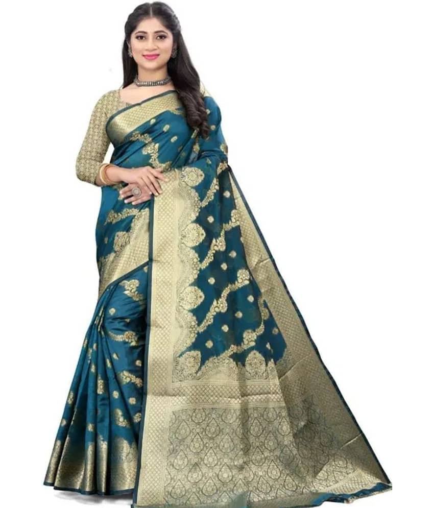 Gullak Organza Embellished Saree With Unstitched Blouse Piece ( Teal )