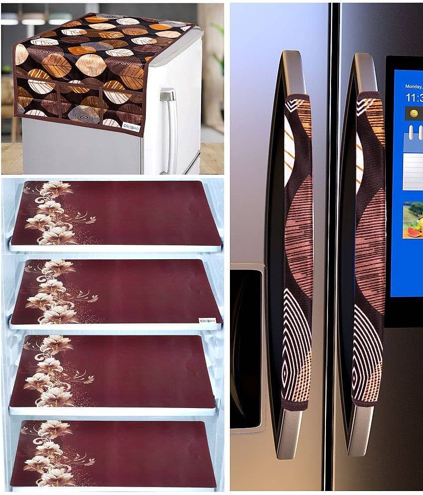 Crosmo Polyester Floral Printed Fridge Mat & Fridge Cover ( 64 18 ) Pack Of 7 Brown