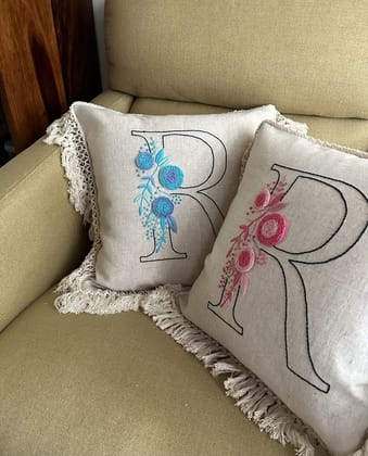 KRI India Raw Personalised Initial Cushion Covers|16x16 inches | Beige  | Wash & Care | 100% Cotton | Handcrafted in India. 100% organic & natural.