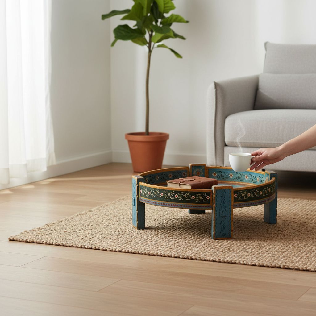 BAANMATA INTERNATIONAL Drawing-Room Decors Rajasthani-Art Painted Round Coffee-Table,Wooden Carved Grinder-Table,Multipurpose Chakki-Table for Home/Office