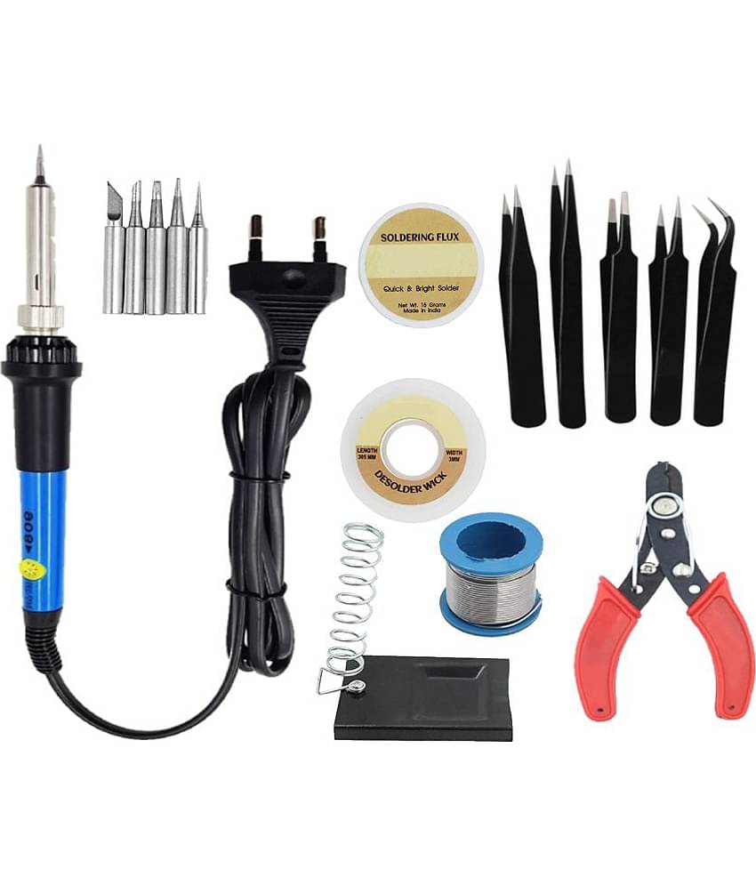 ALDECO: ( 16 in 1 ) 25 Watt Soldering Iron Kit With- Heavy iron, 5 Pcs Bit Set, Wire, Flux, Wick, Stand, Cutter, 5 Pcs Tweezer Set
