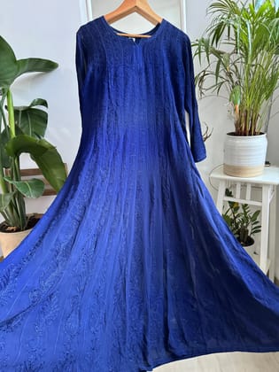 Viscose Chikankari Anarkali - Midnight Blue-Xl / Dark Blue