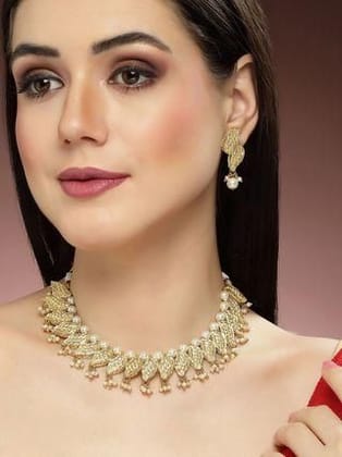 Gold Plated Kundan Peal Jewellery Set for Women-Free Size