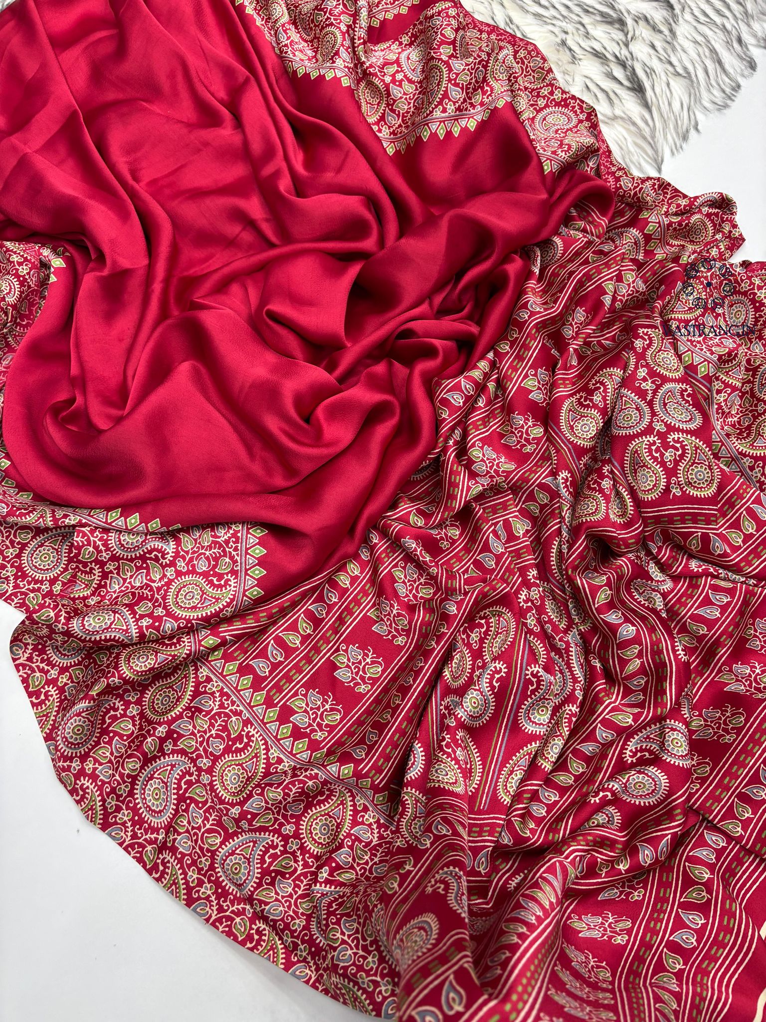 New Function Wear Red Color Pure Satin Silk Ajrak Printed Rich Pallu n Tussles Work Fancy Designer Saree