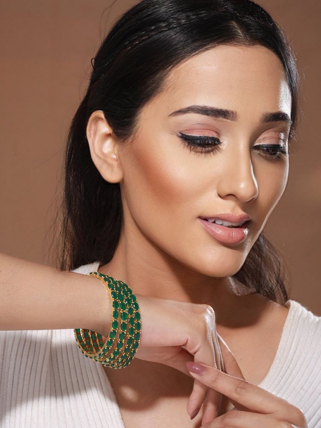 Gold Plated Set of 4 Green Emerald Stone Studded Bangles