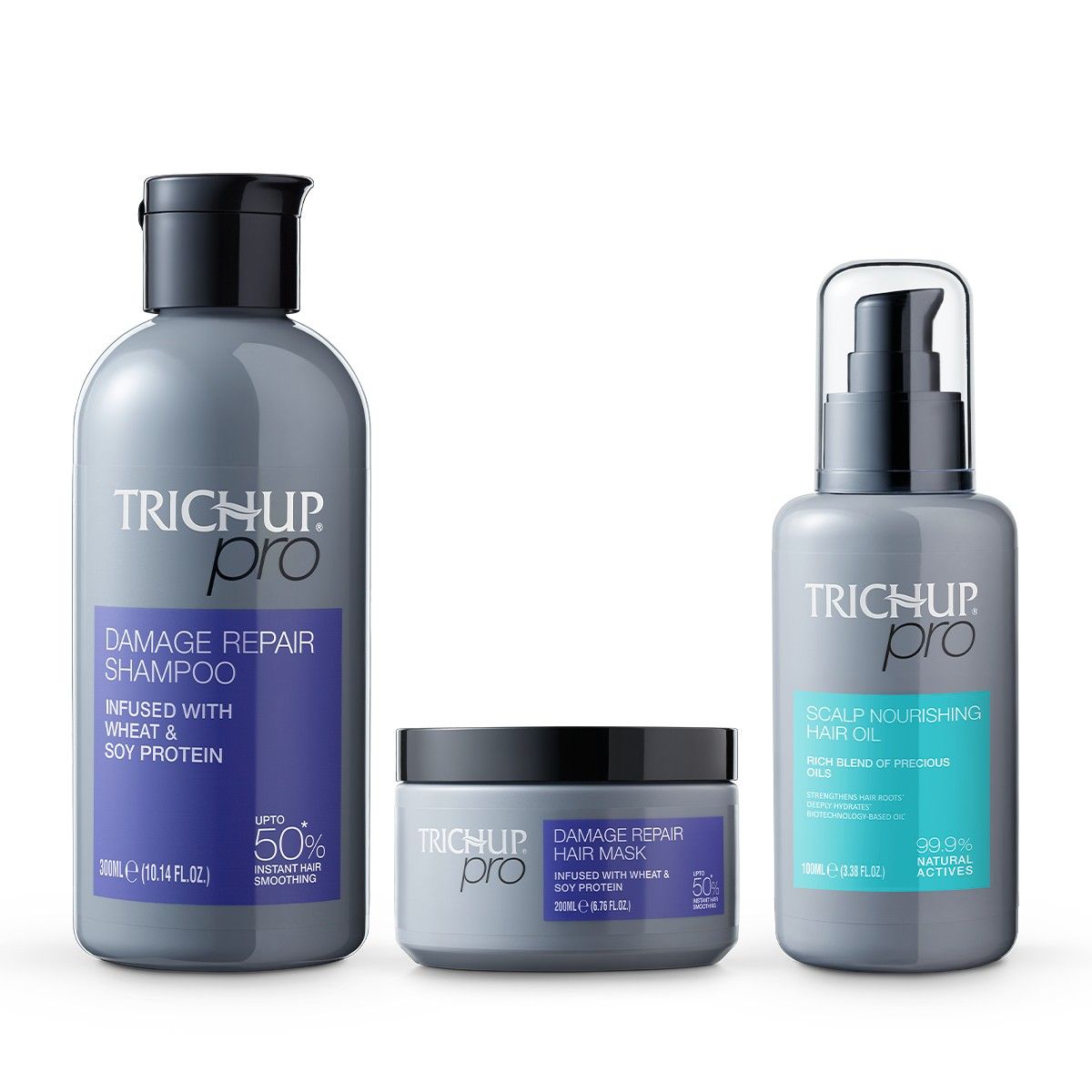Trichup Pro Damage Repair & Instant Smoothing Hair Care Kit for Dry, Frizzy Hair (Set of 3) – Shampoo 300ml + Scalp Oil 100ml + Hair Mask 200ml