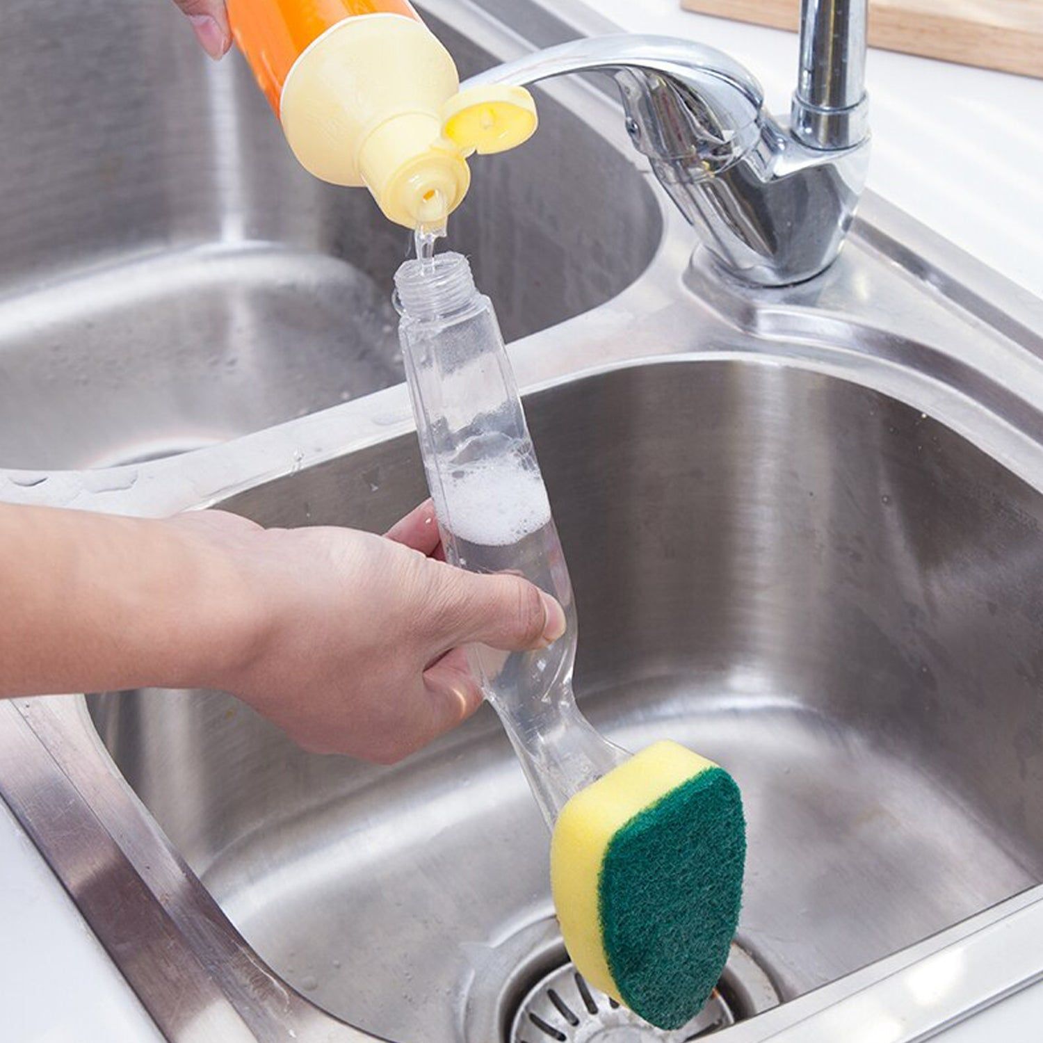 Liquid dispensing Scrub widely used for washing and cleaning utensils and all kitchen stuff to make them again clean and shiny.