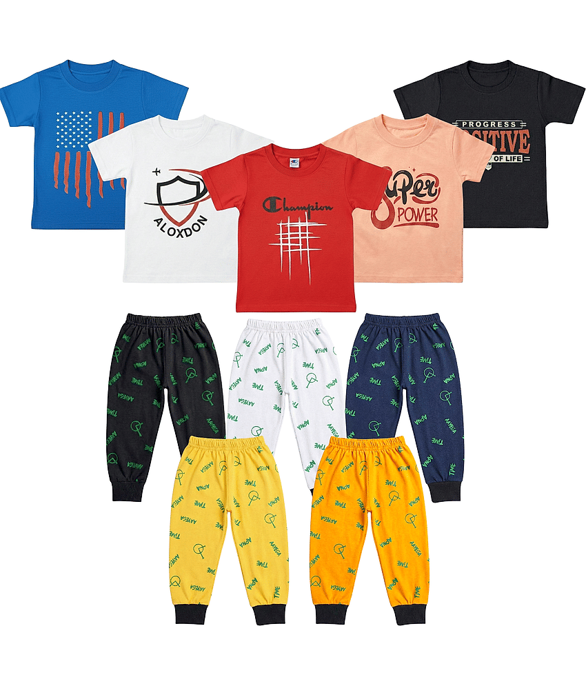 FANCY WEAR Pack of 5 Boys Cotton Blend T-Shirt & Pants Set ( Multicolor )