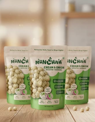 Munchna  – Cream & Onion Roasted Makhana (Pack of 3) | Family Pack, Savoury, Nutritious, Perfect for Anytime Snacking | 50 Gram Each