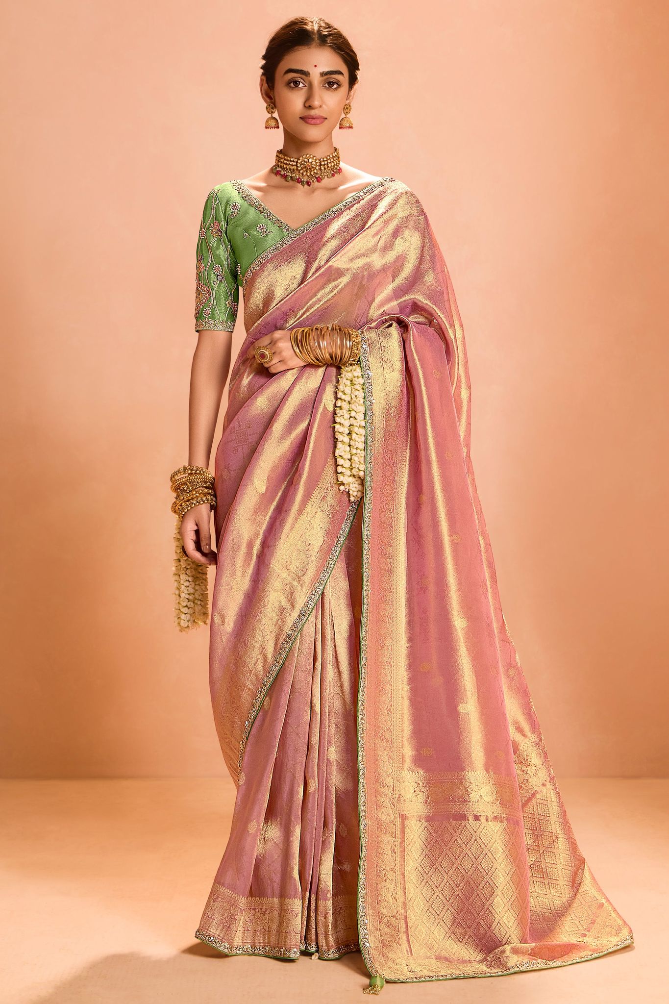 Pink Tissue Silk Saree with Zari Work