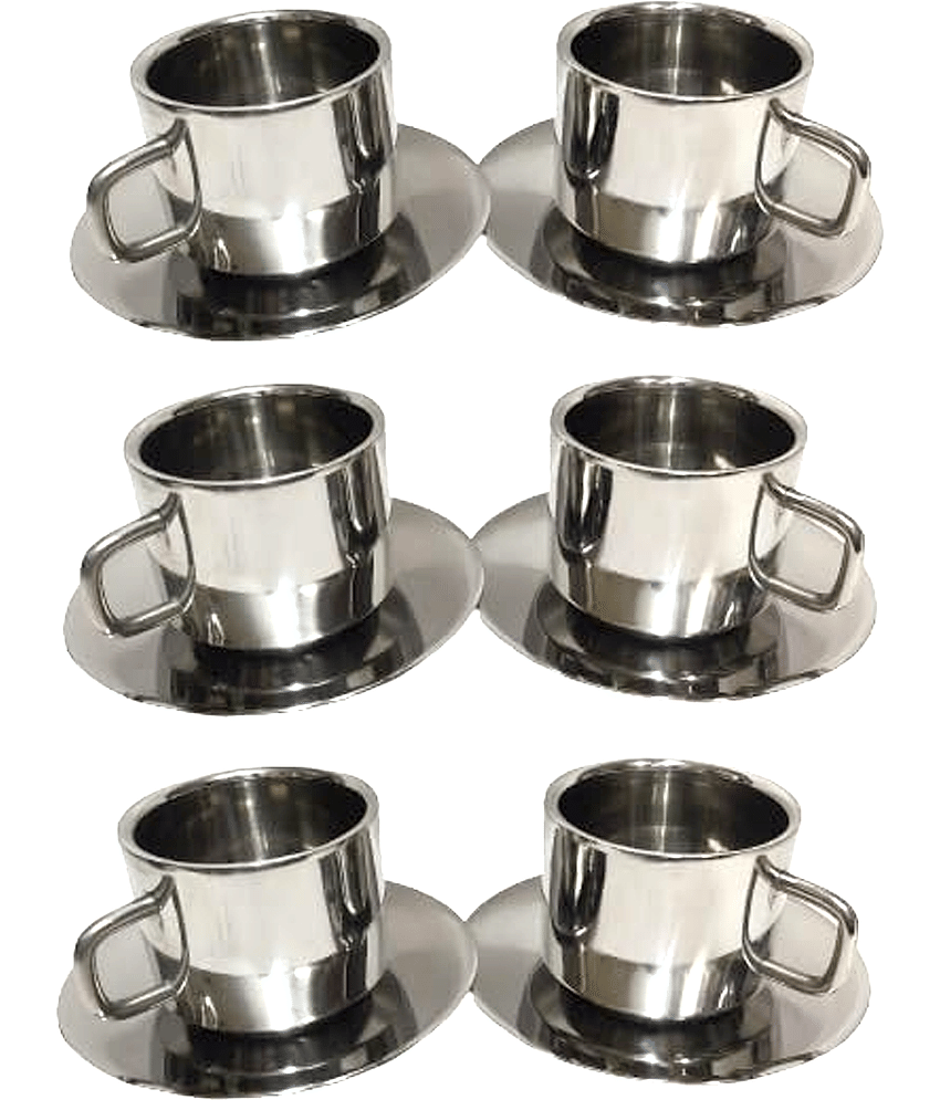 Dynore Cup & Saucer Set Solid Steel Tea Set 120 ml ( Pack of 6 )