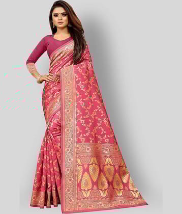 Gazal Fashions Banarasi Silk Embellished Saree With Unstitched Blouse Piece ( Pink )
