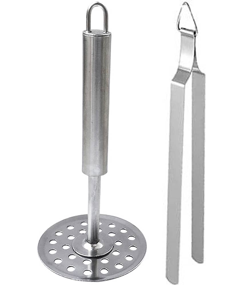 JISUN - Silver Stainless Steel Potato Masher & Roti Chimta ( Set of 2 )